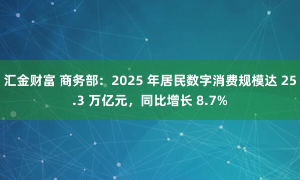 汇金财富 商务部：2025 年居民数字消费规模达 25.3 万亿元，同比增长 8.7%